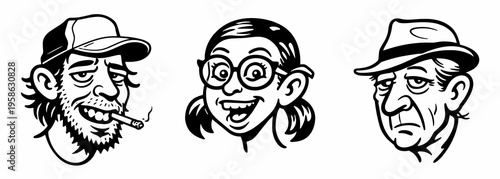 Set of comic character heads features a scruffy smoker, cheerful geek girl and sad old man. Black and white vector portraits work for avatars, stickers and humor themes.