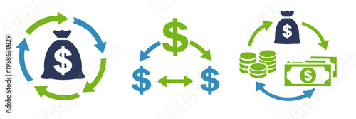 Finance icon collection with money bag, dollar exchange arrows and cash turnover symbols. Clean vector graphics represent savings, payment cycle, transfer, income and budgeting.