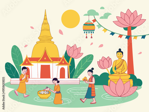  Thai Buddhist Festival Vector Illustration.