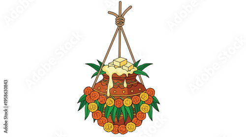 A traditional earthen pot filled with yogurt butter hanging from a rope for janmashtami festival