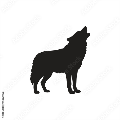 Silhouette graphic depicting a wild gray wolf standing proudly while howling dramatically toward the moon or sky.