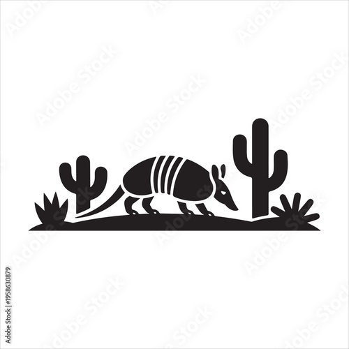 An armadillo walks through a desert landscape with cacti and spiky plants.