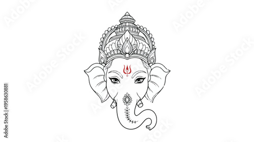 A detailed monochromatic line art illustration of the hindu deity ganesha on a plain white background