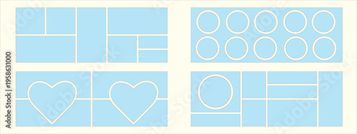 Photo collage grid. Vector. Mood board template. Set of blank mood board. Pictures on off white background. Mosaic frame banner. Photography album layout. Horizontal design of mockup. eps10.