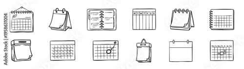 Hand drawn calendar icons illustrating planning, important dates, and appointment reminders. Organizing events, meetings, and project deadlines