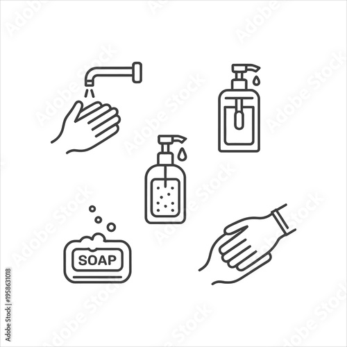 Hygiene and sanitation icons depicting hand washing, soap, and sanitizer for cleanliness