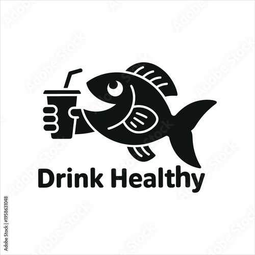 A stylized black fish holding a cup with a straw, promoting healthy hydration and well-being.