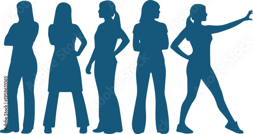 Silhouette of Diverse Women Standing Together, Group of Strong Confident Females in Different Poses, Women Empowerment and Leadership Concept