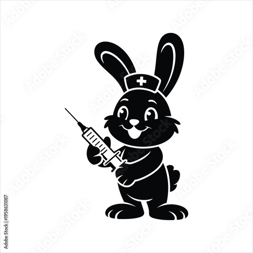 A friendly cartoon bunny wearing a nurse's cap and holding a syringe.