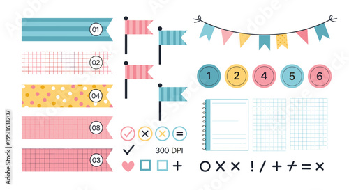 The cute planner sticker set vector graphic shows a variety of useful and decorative elements such as banners, labels, pennants, buttons and more, for planning and organizing.