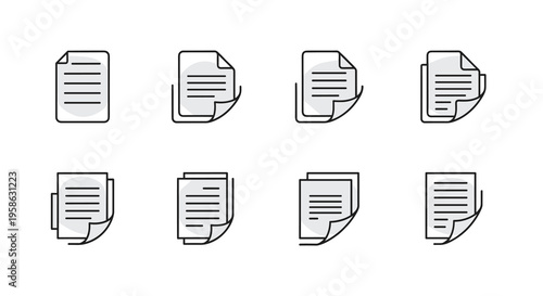 Set of document icons in modern clean line style, representing file management, information organization and digital paperwork for web design, user interface elements, and app development