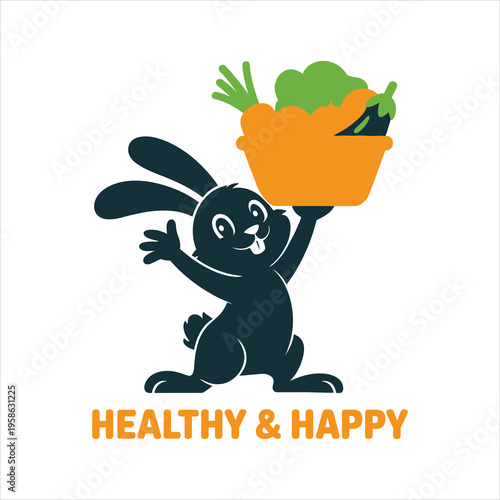 A cheerful rabbit holds a basket filled with fresh vegetables, promoting a healthy lifestyle.
