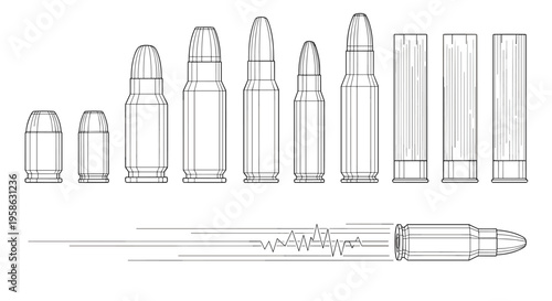 Line art illustration of various types of ammunition used in firearms on a white background, suitable for use in a project that needs a clean and visually informative image.