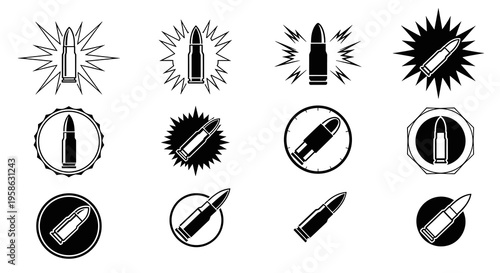 Dynamic black and white vector illustration depicting a bullet in various stylized designs, creating a powerful symbol of impact and precision for graphic or thematic applications.