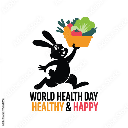 A joyful black rabbit hops with a basket of fresh vegetables and fruits for world health day.