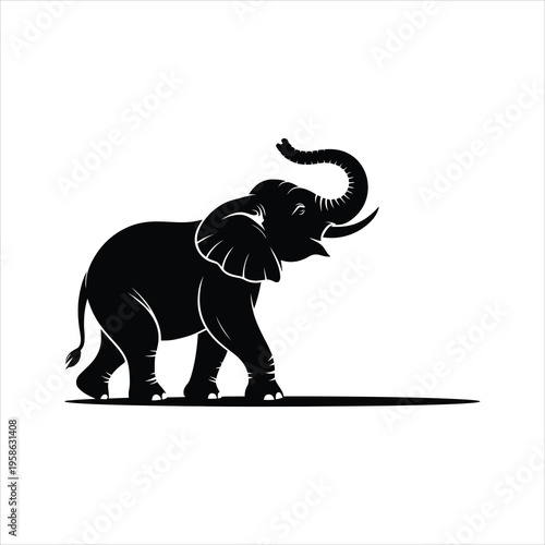A stylized black silhouette of an elephant walking with its trunk raised high against a white background.