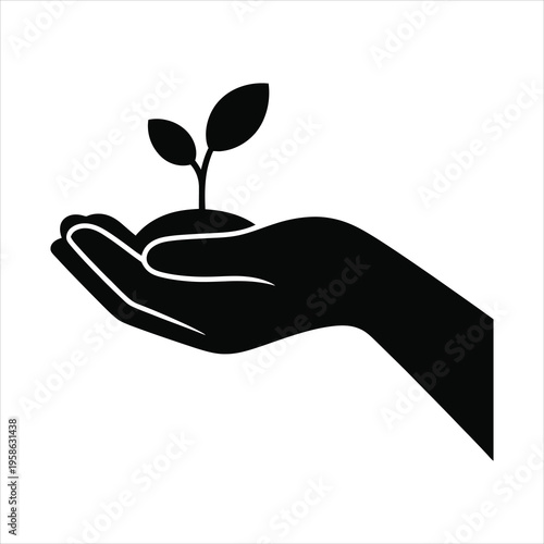 A black silhouette of a hand cupping a small plant emerging from soil against a white background.