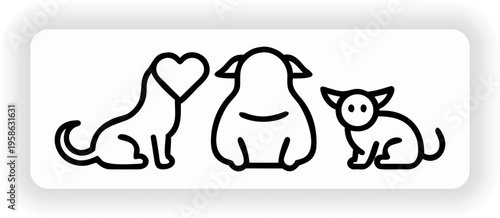 Minimal line art dog and cat set with heart shape cute pet outline vector illustration