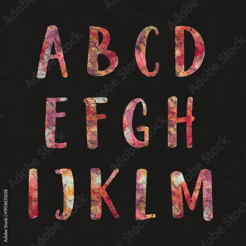 set of numbers and letters made of multicolored painting symbols, 3d illustration on black background,  uppercase letters ABCDEFGHIJKLM