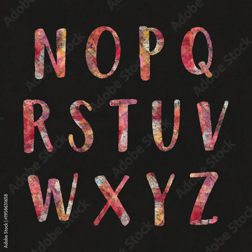 set of numbers and letters made of multicolored painting symbols, 3d illustration on black background, n, o, p, q, r, s, t, u, v, w, x, y, z