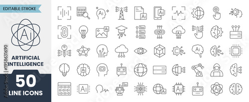 Artificial intelligence line icons set with editable stroke. Containing algorithm, machine learning, AI technology, automation and more. Vector illustration