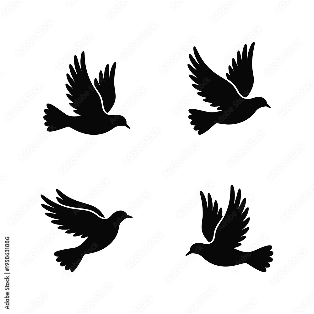 Fototapeta premium Four black silhouette doves in flight on a white background, symbolizing peace and freedom.