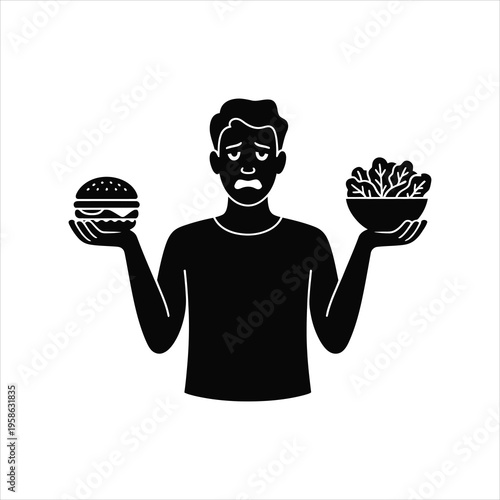 A person looking confused while holding a hamburger in one hand and a bowl of salad in the other