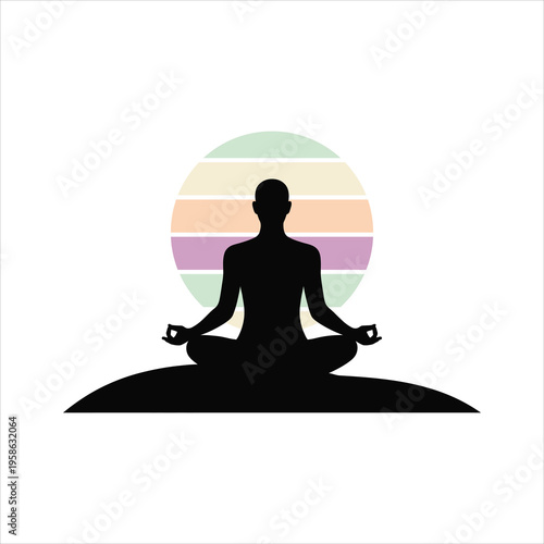 Silhouette of a person meditating in a lotus pose against a backdrop of pastel-colored stripes.