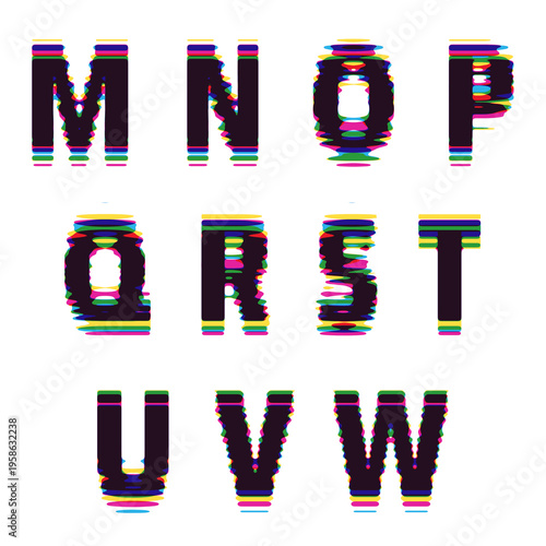 set numbers and letters with a glitch effect, digital illustration, m, n, o, p, q, r, s, t, u, v, w, uppercase