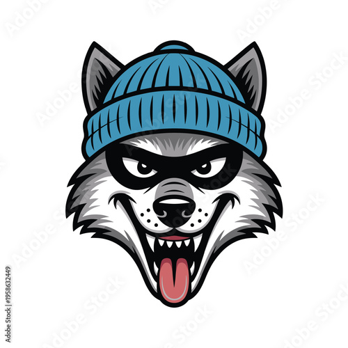 Wolf wearing beanie mask cartoon mascot head