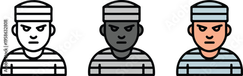 Prisoner icon set featuring male inmate avatars in striped uniform with line art, silhouette, and flat vector design styles.