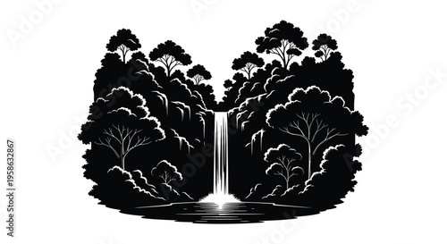 Dramatic waterfall cascading through dense forest a striking silhouette