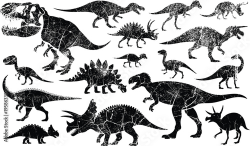 Dinosaurs vector illustration set featuring prehistoric animals, including tyrannosaurus, stegosaurus, triceratops and raptors, detailed dino collection for education, kids design and creative project