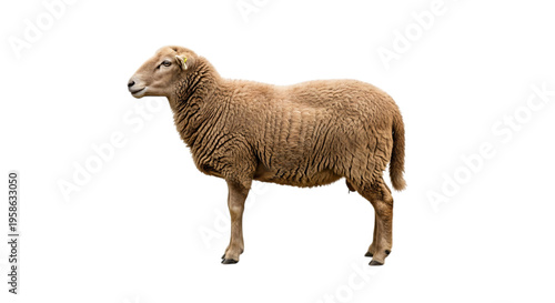 Brown sheep standing on white background looking to the side profile view transparent background