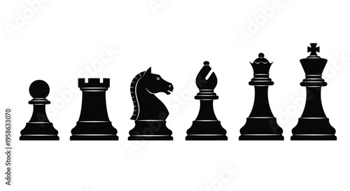 Black chess pieces arranged in a row pawn rook knight bishop queen king