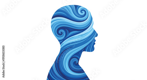 A stylized illustration of a woman's head in profile with swirling blue patterns