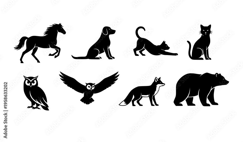 Fototapeta premium Minimal animal silhouette icon set horse dog cat owl fox bear simple black vector collection isolated on white background