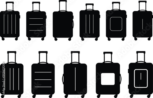 A collection of ten diverse black silhouette icons representing various styles of travel luggage