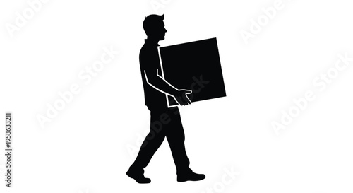Man carrying a large box while walking stark black silhouette