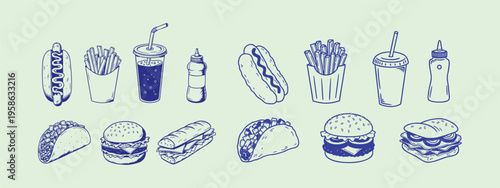 Fast food elements set outline sketch featuring tasty burgers fries drinks and snacks