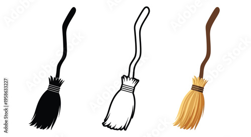 Three stylized witch brooms depicted in varying color schemes silhouette