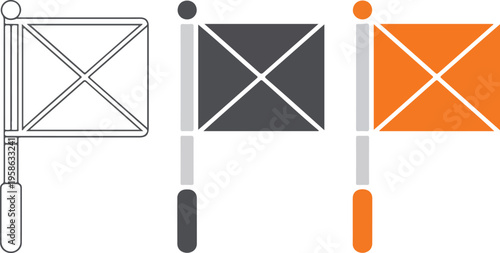 Professional soccer referee assistant flag icon set featuring linesman signals in line art, solid, and flat vector design styles.
