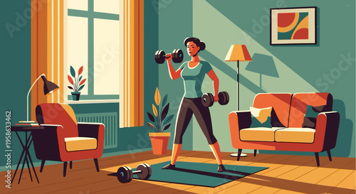 Home fitness routine: woman lifting dumbbells in cozy living room setting