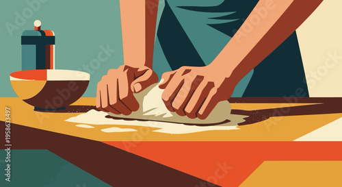 Retro style baking scene with kneading hands in cafe setting