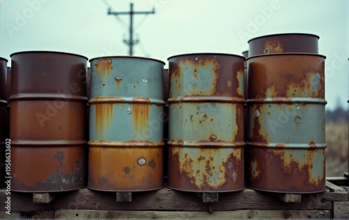 A collection of weathered and rusty metal barrels stacked together, showcasing their aged patina against a muted background.
