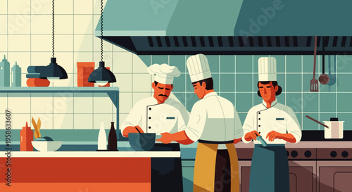 Professional chefs cooking in modern restaurant kitchen