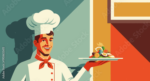 Retro chef presenting gourmet dish in vintage style kitchen setting
