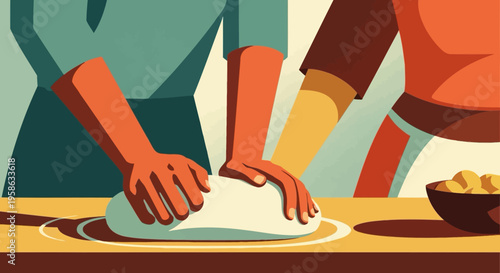 Retro style baking scene with hands kneading dough