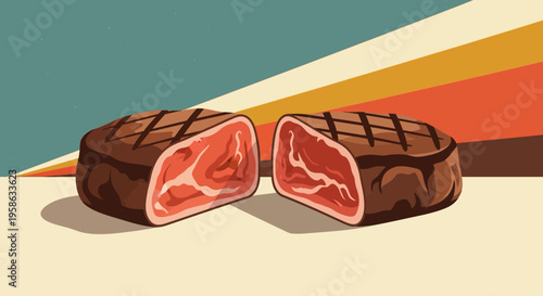 Retro style meat illustration with vintage geometric background