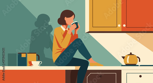 Flat design cozy kitchen scene with woman enjoying coffee